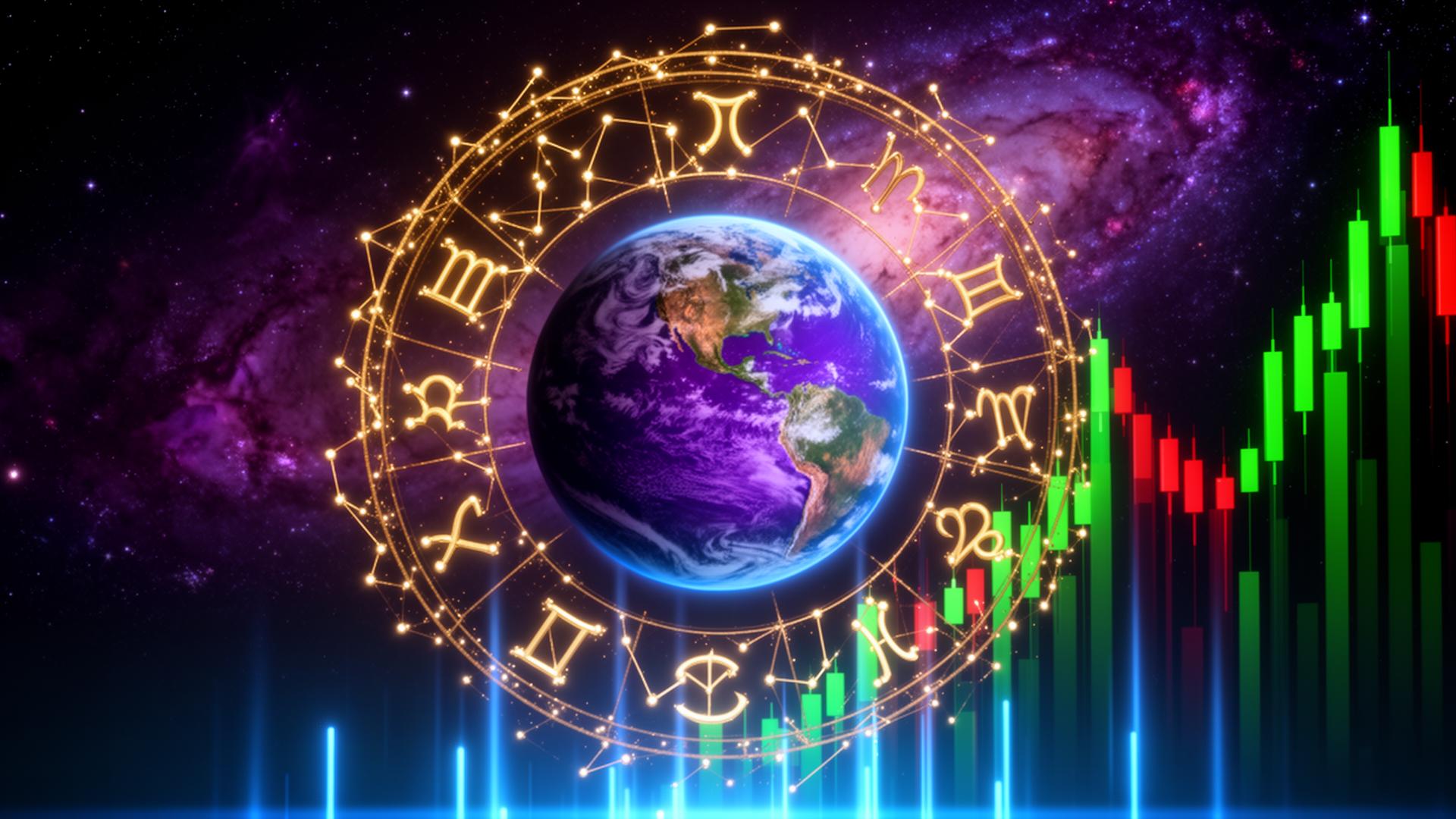 Cosmic zodiac wheel with planetary chart and stock market candlesticks